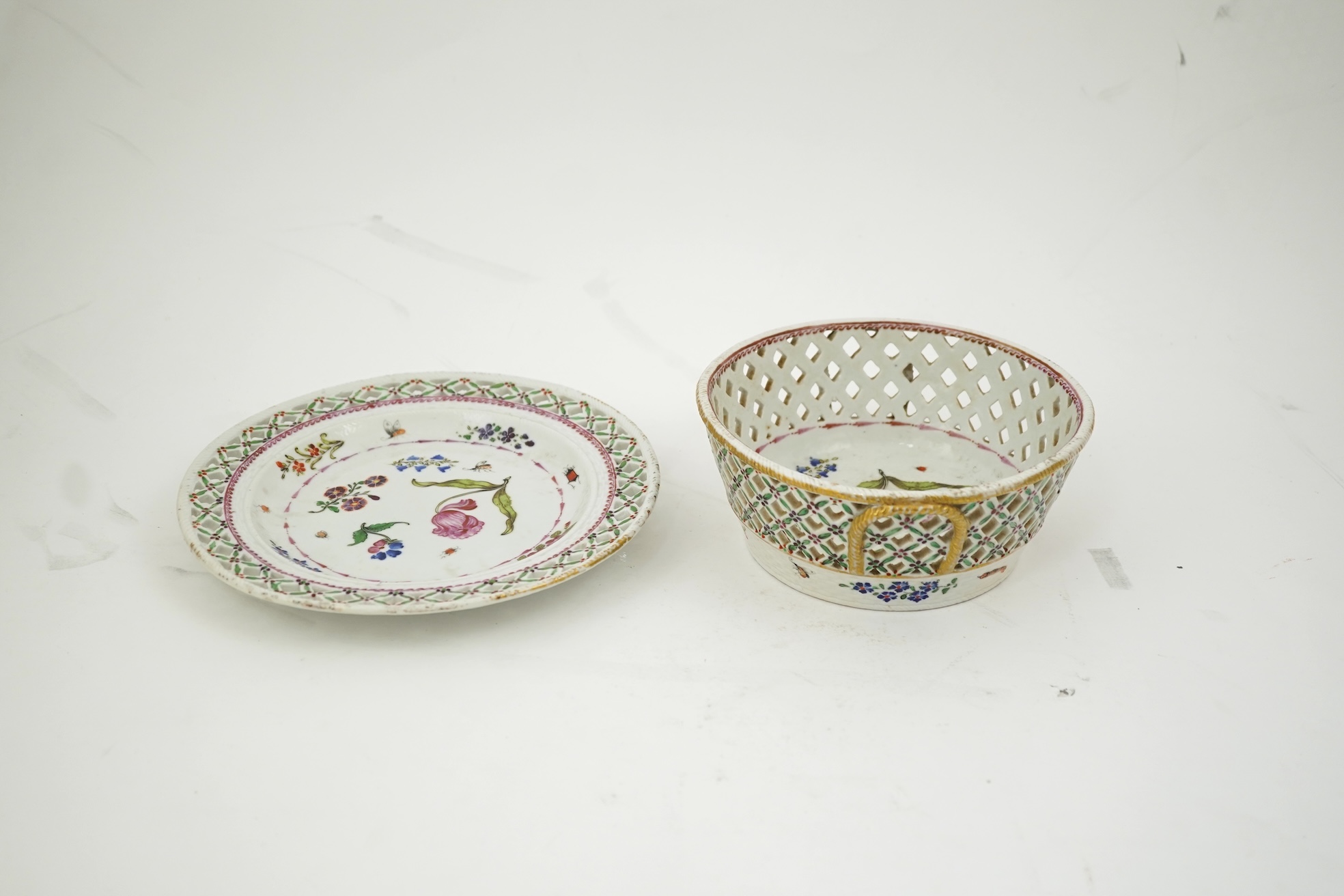 A Chinese export famille rose basket and stand, Qianlong period